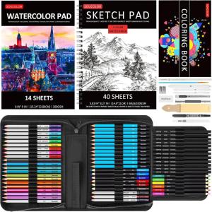 imageSoucolor 76 Pack Drawing Set Sketching Pencils Kit with 3Color Sketch Book Watercolor Pad Coloring Book Colored Graphite Charcoal Watercolor Metallic Pencils for Artists Adults Teens Beginner1 Count Pack of 76