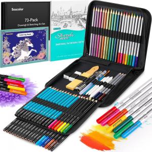 imageSoucolor 76 Pack Drawing Set Sketching Pencils Kit with 3Color Sketch Book Watercolor Pad Coloring Book Colored Graphite Charcoal Watercolor Metallic Pencils for Artists Adults Teens Beginner1 Count Pack of 73