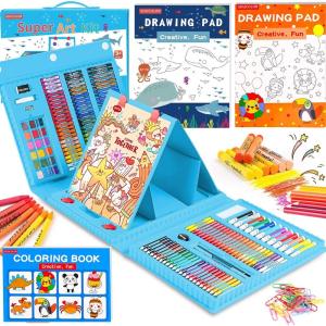 imageSoucolor Art Supplies 283 Pieces Drawing Set Art Kits with Trifold Easel 2 Drawing Pads 1 Coloring Book Crayons Pastels Arts and Crafts Gifts Case for Kids Girls Boys Teens Beginners PurpleBlue