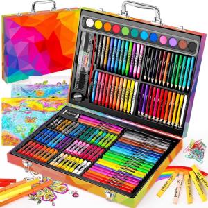 imageSoucolor Arts and Crafts Supplies 183Pack Drawing Painting Set for Kids Girls Boys Teens Coloring Art Kit Gift Crayons Oil Pastels Watercolors Cake Colored Pencils Markers Sketch PaperRainbow